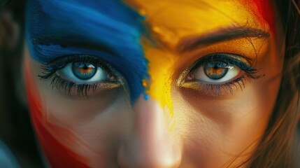 Close-Up of Woman's Face with Blue Eyes and Spanish Flag Colors Painted on Cheek - Generative AI