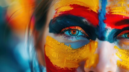 Close-Up of Woman's Face with Blue Eyes and Spanish Flag Colors Painted on Cheek - Generative AI