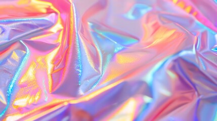 Fototapeta premium high res full frame macro photo of abstract pastel iridescent holographic foil background with light leaks. holo color wrinkled material. cool glitter surface with shiny rainbow feel