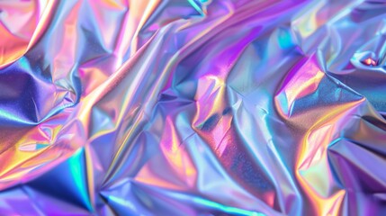 Fototapeta premium high res full frame macro photo of abstract pastel iridescent holographic foil background with light leaks. holo color wrinkled material. cool glitter surface with shiny rainbow feel