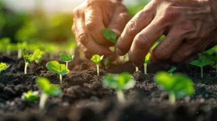 Close-Up of Hands Planting Young Seedlings in Soil with Sunlight in the Background