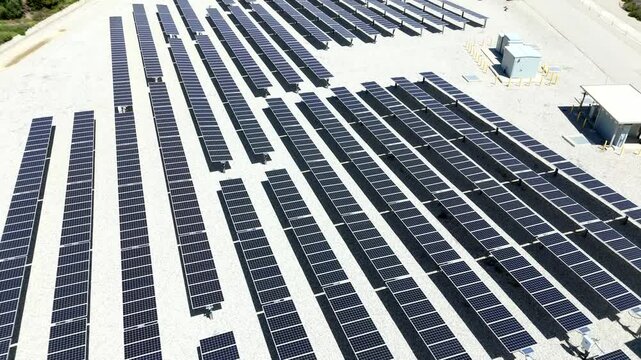 Aerial reveal of solar panels at the Metropolitan Water District in Los Angeles