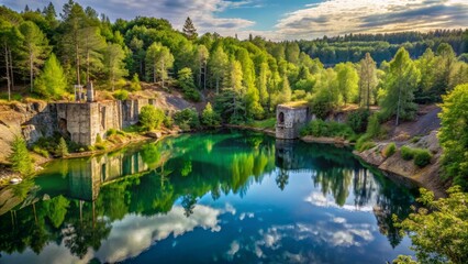 Fototapeta premium Abandoned old gravel quarry surrounded by lush green forest with tall trees, overgrown with vegetation, and filled with still water reflecting the serene atmosphere.