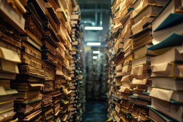 Fototapeta premium A picture of several book stacks placed one above the other in a library or bookstore