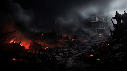 A post-apocalyptic ruined city. Destroyed buildings, burnt-out vehicles and ruined roads. 3D rendering. 3D Illustration
