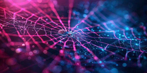 Colorful spider web with neon lights. Abstract digital art showcasing interconnected threads and shining dots in pink and blue hues.