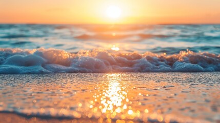 Obraz premium Closeup sea sand beach. Panoramic beach landscape. Inspire tropical beach seascape horizon. Orange and golden sunset sky calmness tranquil relaxing sunlight summer mood. Vacation travel holiday banner