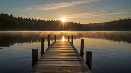 Obraz premium Sun and mist on boat dock at sunrise on a summer day. generative.ai