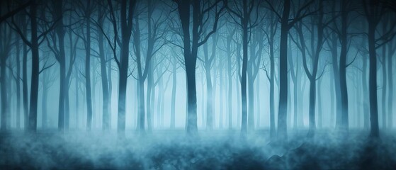 Fototapeta premium Eerie, misty forest with bare trees shrouded in fog, creating a haunting, mystical atmosphere, ideal for dark, mysterious themes.