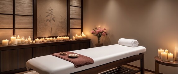 A serene spa room with a massage table, lit candles, and elegant decor, perfect for relaxation and wellness treatments, creating a tranquil atmosphere