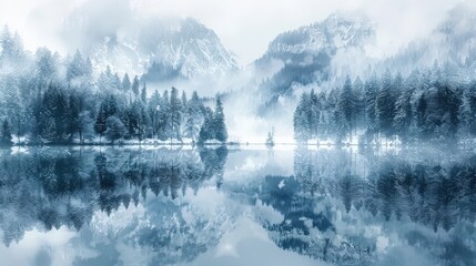 Fototapeta premium A tranquil winter scene featuring a foggy forest reflected perfectly in the still waters of a mountain lake, rendered in watercolor with a split-shot camera angle, Balanced Exposure, natural light,