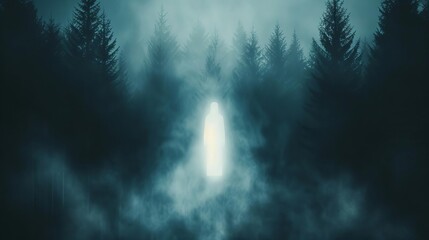 Naklejka premium Eerie forest scene with dense fog and a mysterious glowing light. Perfect for horror themes and atmospheric backgrounds.