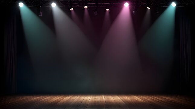 Theater stage light background with spotlight illuminated the stage.. Empty stage with bright colors backdrop decoration. Entertainment show. generative.ai