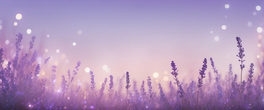 Fototapeta Lavender field with soft purple hues and dreamy bokeh lights, perfect for serene and tranquil concepts, romantic settings, or wellness themes