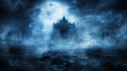 Fototapeta premium Eerie haunted house with full moon, dark foggy night, and spooky atmosphere. Perfect for Halloween or horror-themed designs.