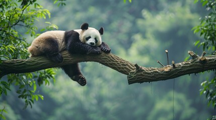 Obraz premium A panda bear lounging on a sturdy tree limb.
