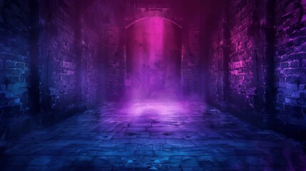 Eerie, mystical stone hallway illuminated by purple and blue light, creating a mysterious atmosphere.
