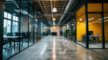 Modern Open Office Space with Glass Partitions, Exposed Ceilings, and Industrial Design Elements