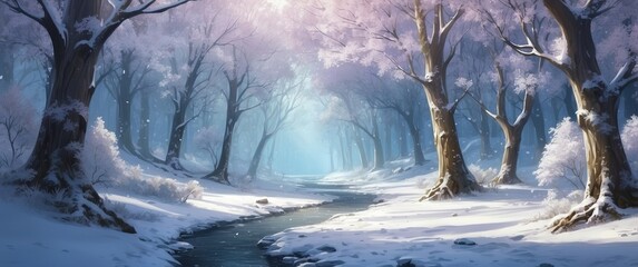 Winter forest with snowy trees and a gentle river, bathed in soft light  Perfect for seasonal themes, holidays, and serene winter scenes