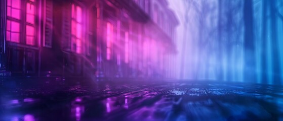Naklejka premium Eerie urban street at night with neon pink and blue lights, misty atmosphere, and wet pavement reflections, giving a cyberpunk dystopian feel.