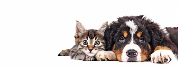 Fototapeta premium Adorable Bernese Mountain Dog puppy and kitten cuddling on a white background. Free copy space for banner.