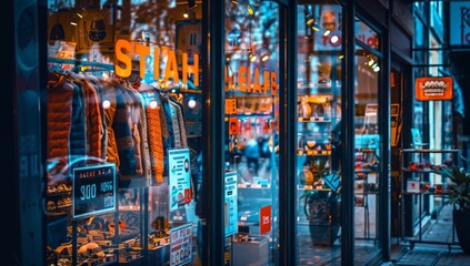 A storefront window display with eye-catching sale signs, luring customers into the shop for unbeatable deals