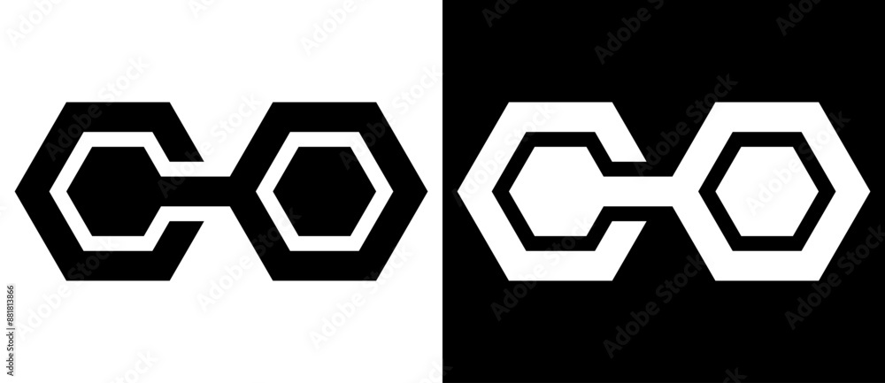 Poster Abstract linked letter C and O like logo or icon. Hexagon connect concept. Black shape on a white background and the same white shape on the black side.