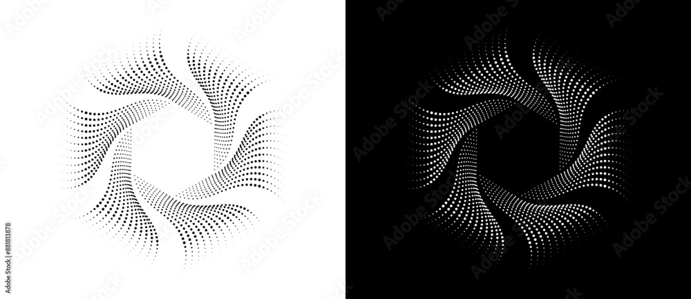 Poster Abstract background with halftone dots spiral. Modern circle dotted pattern. Futuristic hexagon concept. Black shape on a white background and the same white shape on the black side.