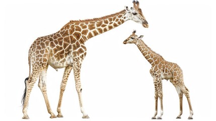 Obraz premium Two long-necked giraffes stand side by side against a clean white background