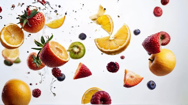 Fruits flying, served, splashes, water on a white background. Oranges, strawberries, kiwi
