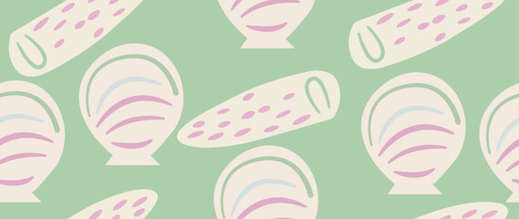 Vector flat illustration. Seamless sea shells in pastel colors. In cartoon style. Cute underwater themed print. Ideal for gift wrapping, posters, covers, screensavers, textile decor, etc.