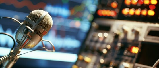 A Close-Up of A Studio Microphone In Front of A Digital Screen