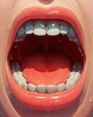 Closeup of an open mouth, teeth and uvula visible, even lighting, neutral backdrop