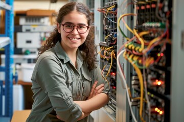 Portrait of early 20s female STEM student Waist-up view of casually dressed woman standing in electrical engineering lab and smiling at camera. Property release attached.