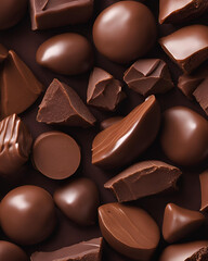 Fototapeta premium pile of chocolates, chocolates with nuts, chocolate, nuts, chocolate pile, gourmet chocolate, nutty chocolate, chocolate assortment, premium chocolate, chocolate and nuts, chocolate pieces, mixed 