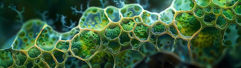 Closeup plant cells, green glow, high magnification