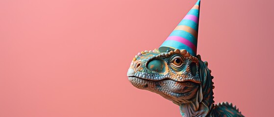 Naklejka premium Dinosaur toy wearing party hat, pink background, whimsical composition