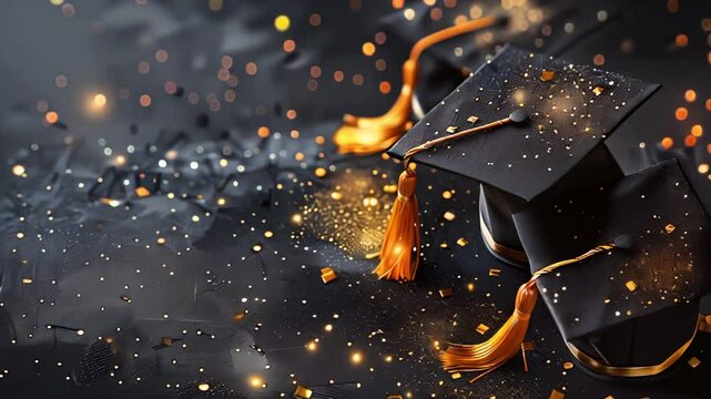 Black graduation caps on a black background with gold glitter. Prom concept with copy space	
