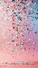 Fototapeta premium A lot of confetti flying in the air on a soft pink background. Copy space. Festive background of flying confetti indoors. Holiday concept.