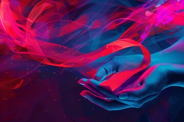 Naklejka premium Cancer support, hands holding ribbon, abstract background Generative Ai