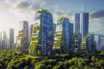 Obraz premium A futuristic cityscape with skyscrapers covered in integrated solar panels and lush greenery.