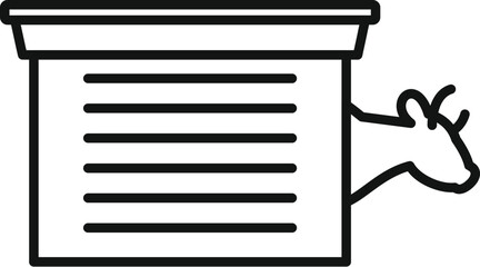 Line drawing of a cow head peeking out of a barn, concept for dairy products or farm life