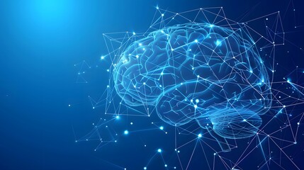 polygonal human brain illustration on blue background