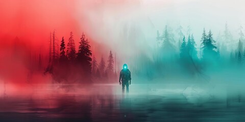Fototapeta premium Mysterious figure in a foggy forest with red and teal hues, symbolizing isolation and the unknown.