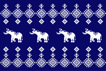 Geometric,seamless, traditional ethnic,thai, fabric pattern for textiles, rugs, wallpaper, clothing, sarong, batik, wrapping, embroidery, print, background, cover, illustration, vector,elephants,blue.