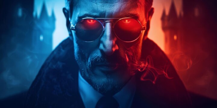 Mysterious figure with red glowing eyes and sunglasses in a dark, dramatic setting with castle silhouettes in the background.