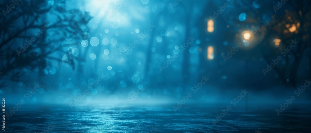 Canvas Prints mysterious foggy forest at night with glowing lights in the distance, creating an eerie and enchante