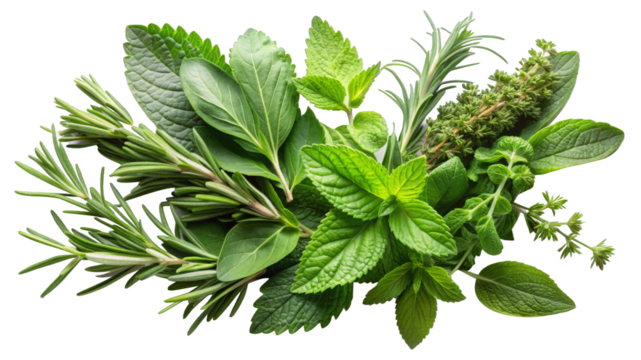 Herbal Leaves - Different types of herbal leaves like mint, basil, and rosemary on a transparent background. 