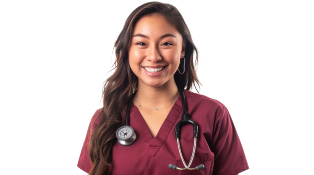 A woman in a grey scrubs shirt is smiling and holding a stethoscope