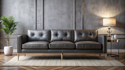 Obraz premium Elegant dark gray faux leather sofa with chrome legs and subtle stitching exudes sophistication in a modern minimalist living room.
